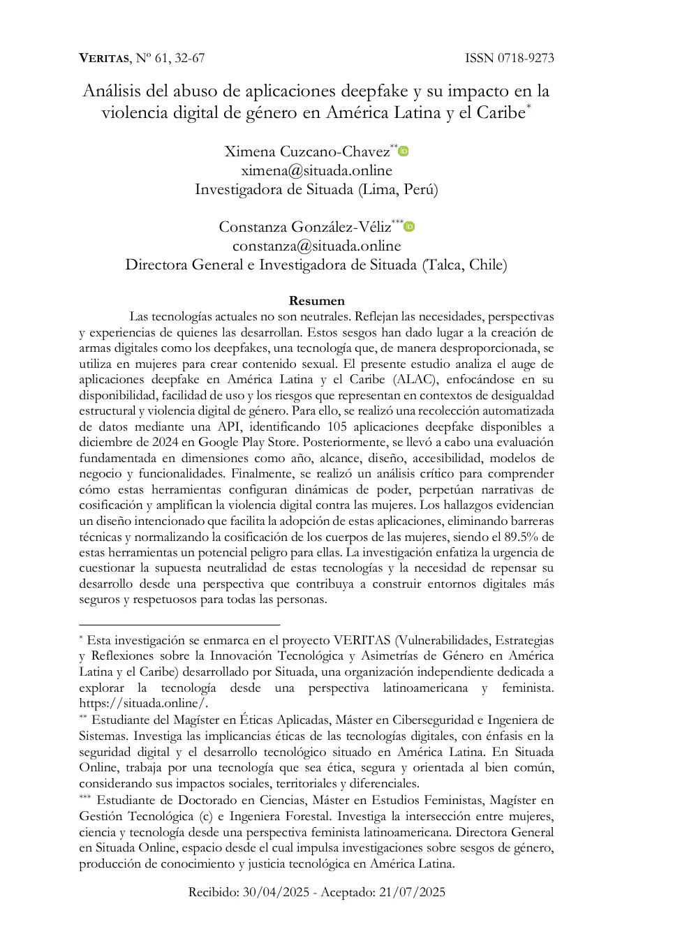 Primera página del artículo sobre aplicaciones deepfake