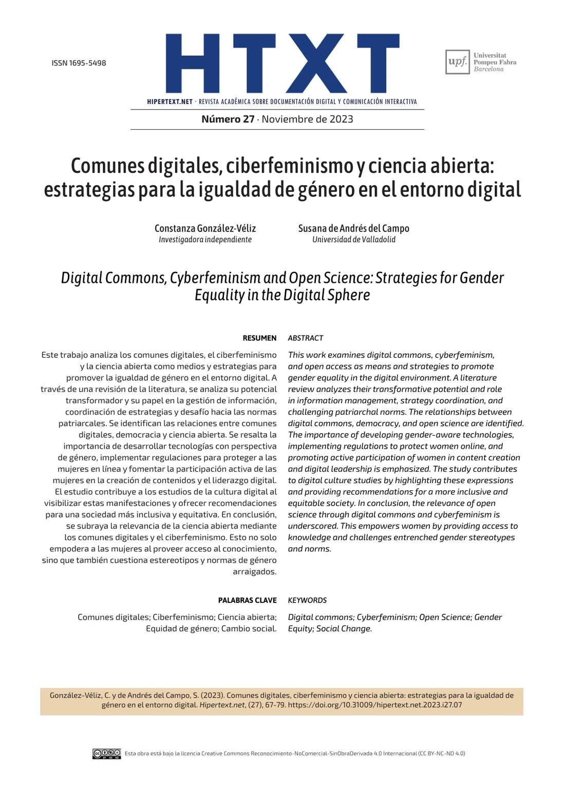 Primera página de Comunes digitales, ciberfeminismo y ciencia abierta