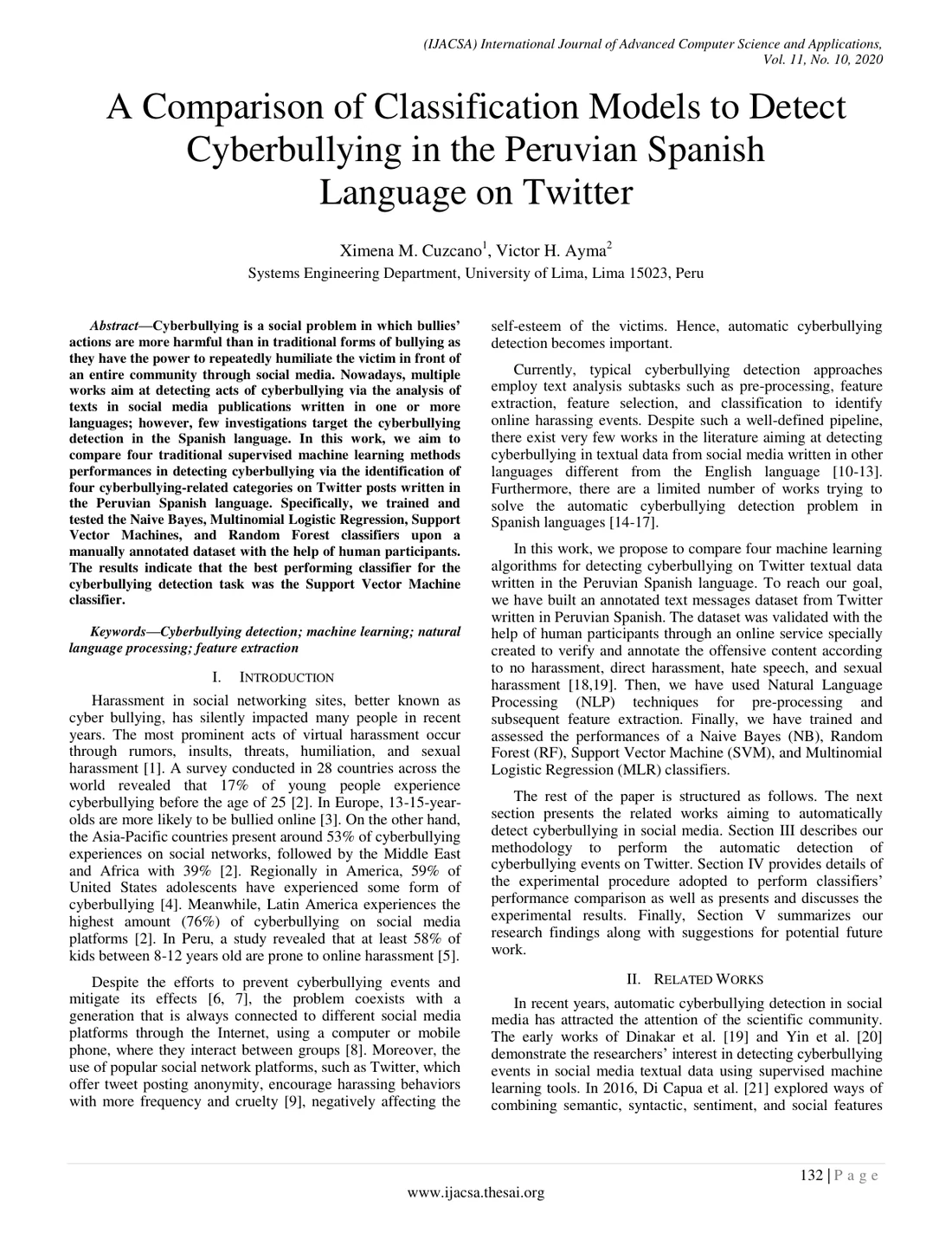 Primera página de A Comparison of Classification Models to Detect Cyberbullying