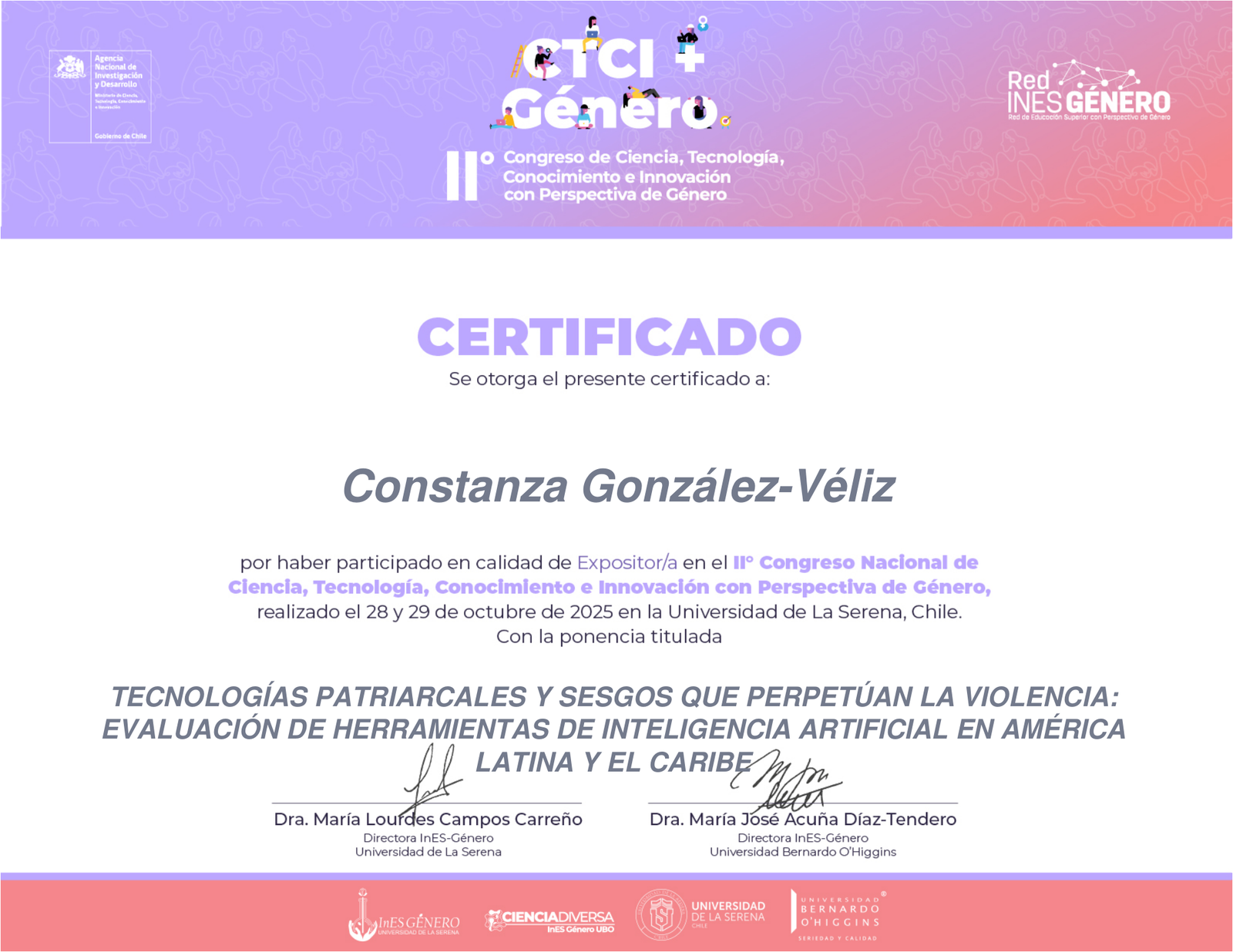 Certificado de participación en CTCI más Género